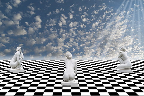 cel, escacs, estàtues, Color blanc, representació, joc de taula, naturalesa, cap gent, joc, representació humana, jocs d’oci, Una peça d'escacs, dia, Tauler d'escacs, núvol - cel, escultura, ocell, a l'aire lliure, compost digital, 4K, CC0, domini públic, lliure de regalies