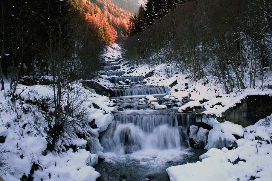 vesiputouksia, lehdetön puu, maa, katettu, lumi, vesi, Falls, lumen kasa, vesiputous, joki, virta, rock, kauneus luonnossa, puu, maisemat - luonto, kylmä lämpötila, talvi-, kasvi, metsä, luonto, ympäristö, ei ihmisiä, rauhallinen kohtaus, tyyneys, päivä, ei-kaupunkikuvia, virtaava vesi, ulkona, virta - virtaava vesi, virtaava, 2K