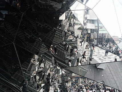 architecture, building, crowd, dusk, group, industry, light, mirroring, people, road, steel, street, tourist, built structure, group of people, day, city, building exterior, cable, real people, large group of people, outdoors, nature, city life, power line, transportation, men, lifestyles, connection, electricity, complexity, power supply, 1080P