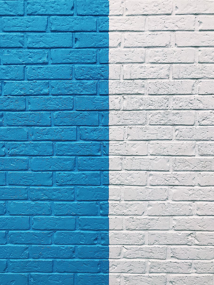 blå, hvid, malet, væg, murstens væg, maling, mursten, abstrakt, kreativ, gade, by, by-, kontrast, division, baggrunde, fuld ramme, tekstureret, mønster, arkitektur, murbygningsfunktion, bygget struktur, ingen mennesker, dag, hvid farve, bygning udvendig, tæt på, udendørs, design, form, gulve, tekstureret effekt, turkisfarvet, 4K
