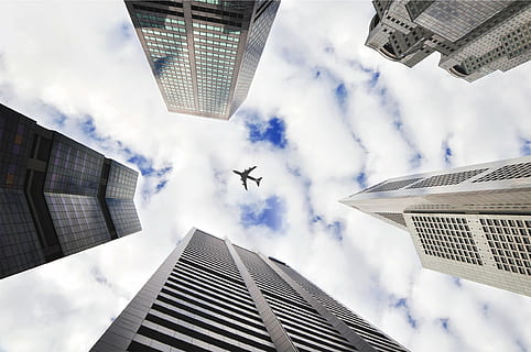low-angle view, airplane, low, angle, photography, top, city, buildings, sky, towers, architecture, clouds, transportation, travel, trip, flying, building exterior, skyscraper, cloud - sky, built structure, business travel, office building exterior, building, air vehicle, mode of transportation, office, tall - high, business, nature, mid-air, directly below, financial district, aerospace industry, no people, modern, cityscape, 1080P, CC0, public domain, royalty free