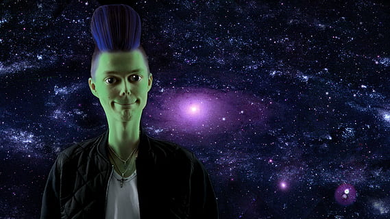 Ausländer, freie Stelle, Mensch, Planet, Star, Science-Fiction, Männer, Menschen, dunkel, eine Person, Nacht-, futuristisch, Erwachsene, Wissenschaft, nur Frauen, nur eine frau, Stern - Raum, Vorderansicht, Platz, junger Erwachsener, beleuchtet, Porträt, grüne Farbe, glühend, Astronomie, Galaxis, Kamera betrachten, Himmel, Stehen, menschliches Körperteil, Taille hoch, lila, 2K, CC0, gemeinfrei, lizenzfrei