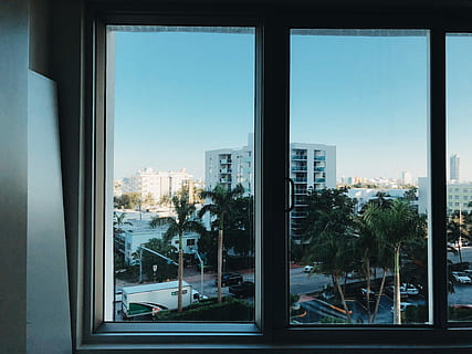 geschlossen, Weiß, Schiebefenster, Klarglasfenster, Aussicht, Himmel, Fenster, Palme, Rahmen, Straße, Baum, Gebäude, Auto, Sonne, Innere, Zimmer, Ausschau halten, hell, Sommer-, Sonnenschein, glücklich, Natur, Stadt, die Architektur, gebaute Struktur, Gebäudehülle, Glas - Material, transparent, keine Leute, Tag, Stadtbild, Pflanze, klarer Himmel, draußen, Stadt leben, Glas, Bürogebäude außen, Wolkenkratzer, Fensterrahmen, 4K, CC0, gemeinfrei, lizenzfrei