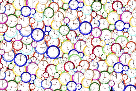 multicolored clocks graphic, time, clock, minute, hour, second, time indicating, time of, pointer, dial, clock face, pay, period, phase, section, days, appointment, moment, interval, timepiece, past, present, forward, transient, transience, duration, range, multi colored, full frame, large group of objects, backgrounds, pattern, variation, no people, abundance, choice, indoors, shape, design, creativity, close-up, in a row, geometric shape, circle, glass - material, studio shot, still life, 5K, CC0, public domain, royalty free