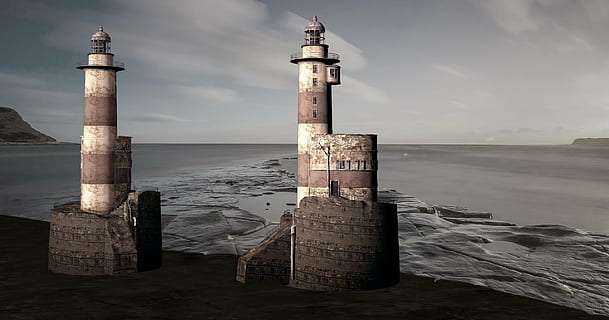 Foto, to, fyrtårne, legeme, vand, fyrtårn, aften, solnedgang, ebbe, hav, kyst, silhuet, tårne, skygge, tårn, 3d, 3d model, computer grafik, 3d visualisering, rendering, horisont over vand, ingen mennesker, arkitektur, retning, bygget struktur, historie, stolpe, natur, arkitektoniske kolonne, himmel, træ post, træ - materiale, jord, skønhed i naturen, pol, scenics - natur, dag, udendørs, 2K, CC0, offentligt domæne, royaltyfrie