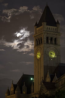 supermoon, pieno, perigeo, notte, ufficio postale, storico, Torre, orologio, raggiante, luminosa, luce, nuvole, Distretto della Colombia, dc, Stati Uniti d'America, America, architettura, struttura costruita, esterno dell'edificio, costruzione, cielo, illuminato, nessuno, nuvola - cielo, storia, il passato, città, natura, crepuscolo, viaggio, turismo, destinazioni di viaggio, Inquadratura dal basso, all'aperto, posto, 4K, CC0, dominio pubblico, privo di copyright