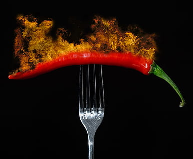 Peperoni, Chili, komponieren, Scharf, Feuer, Essen und Trinken, Lebensmittel, Frische, gesundes Essen, Studioaufnahme, Küchenutensilien, schwarzer Hintergrund, drinnen, Wohlbefinden, Nahansicht, keine Leute, Obst, Essgeschirr, Gemüse, Gabel, gesunder Lebensstil, rot, Getränk, Erfrischung, vegetarisches Essen, 2K, CC0, gemeinfrei, lizenzfrei