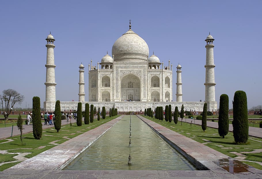 històric, monuments, Índia, mughals, Taj Mahal, cúpula, exterior de l'edifici, arquitectura, cel, destinacions de viatge, estructura construïda, història, el passat, turisme, viatjar, cel clar, naturalesa, religió, persones incidentals, planta, memorial, aigua, a l'aire lliure, piscina reflectant, fletxa, 2K