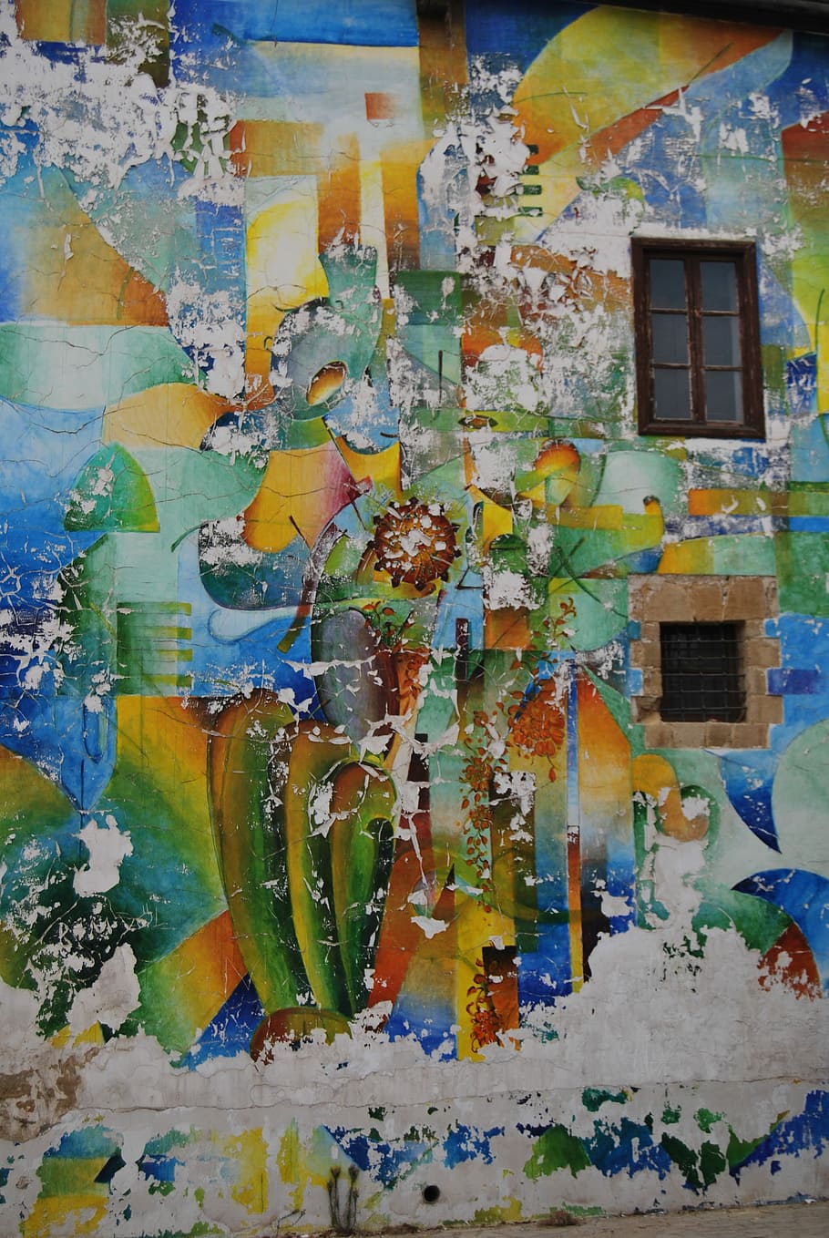farve, væg, maling, arkitektur, bygget struktur, bygning udvendig, vindue, multi farvet, bygning, murbygningsfunktion, ingen mennesker, forvitret, Kunst og håndværk, hus, nedgang, forringelse, beskadiget, gammel, skrælle af, dag, forladt, kørt ned, udendørs, rodet, vægmaleri, 4K