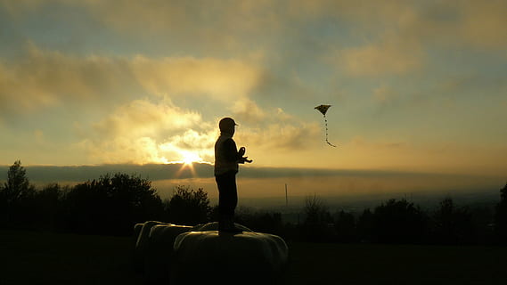 dreng, drage, sol, trække på, sol, solnedgang, silhuet, en person, sky - himmel, rigtige mennesker, himmel, natur, jord, plante, orange farve, Mark, tre kvart længde, ro, græs, skønhed i naturen, træ, hvirveldyr, dyreliv, udendørs, digital komposit, 2K, CC0, offentligt domæne, royaltyfrie