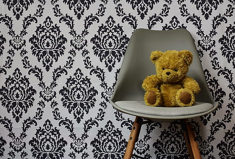 braun, Bär, Stuhl, neben, Wand, Teddy, Hintergrund, Muster, abstrakt, modern, Plüsch-, Bären, Teddybär, Spielzeug, Plüschtier, drinnen, Tapete, Tierdarstellung, keine Leute, Darstellung, Sitz, Wohngebäude, Wohnraum, Blumenmuster, Möbel, Tabelle, Stillleben, Textil-, einzelnes Objekt, Weichheit, 5K, CC0, gemeinfrei, lizenzfrei