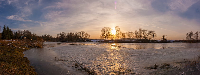 puesta de sol, panorama, primavera, río, hielo, naturaleza, Rusia, reflexión, tranquilidad, cielo, escena tranquila, agua, nadie, nube - cielo, al aire libre, paisajes - naturaleza, árbol, belleza en la naturaleza, planta, invierno, lago, tierra, ambiente, paisaje, nieve, temperatura fría, Dom, 8K, CC0, dominio público, libre de derechos