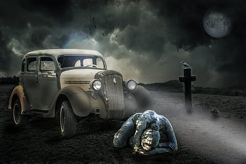 fantasy, composing, mourning, melancholy, fear, lonely, desperate, sky, night, moon, spooky, transportation, nature, cloud - sky, mode of transportation, dark, full moon, water, dusk, horror, storm, motor vehicle, digital composite, mystery, animal, hopelessness, outdoors, moonlight, ominous, 2K, CC0, public domain, royalty free