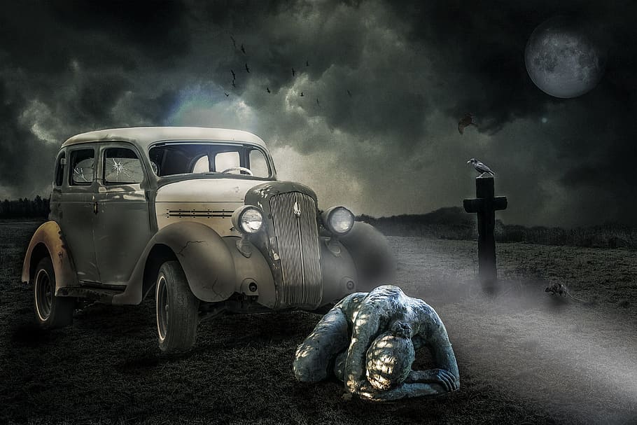 fantasia, composició, dol, malenconia, por, solitari, desesperat, cel, nit, lluna, fantasmal, transport, naturalesa, núvol - cel, manera de transport, fosc, lluna plena, aigua, vespre, horror, tempesta, automòbil, compost digital, misteri, animal, desesperança, a l'aire lliure, llum de la lluna, ominós, 2K