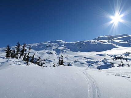 covered, mountain, daytime, Winter, Snow, Landscape, Wintry, Snowy, canada, snow landscape, winter mood, cold temperature, white color, blue, nature, sky, beauty in nature, scenics - nature, sunlight, snowcapped mountain, clear sky, non-urban scene, tranquil scene, tranquility, day, no people, sun, lens flare, extreme weather, 4K, CC0, public domain, royalty free