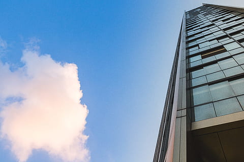 glass skyscraper building, Glass, Skyscraper, Building, Clouds, architecture, window, glass - Material, office Building, modern, built Structure, building Exterior, blue, sky, business, urban Scene, reflection, outdoors, facade, futuristic, city, low angle view, cloud - sky, day, no people, nature, office, office building exterior, copy space, residential district, 5K