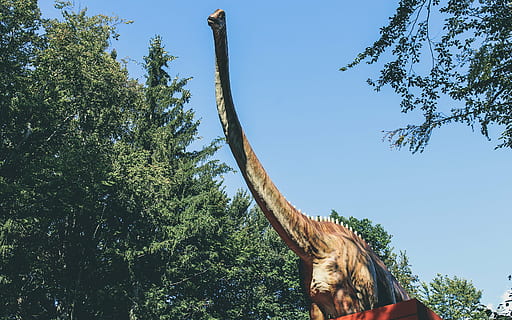 dinosaur, plant, tree, day, nature, sky, one person, green color, women, leisure activity, growth, mammal, animal wildlife, sunlight, outdoors, low angle view, forest, real people, beauty in nature, adult, 1080P, CC0, public domain, royalty free