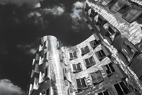 in scala di grigi, architettonico, fotografia, costruzione, architettura, facciata, finestra, cielo, città, moderno, gehry, paesaggio urbano, architettura moderna, Düsseldorf, porto multimediale, edifici gehry, punto di riferimento, Luoghi di interesse, turismo, fiume del Reno, urbano, metallo, brillante, nero bianco, bianco e nero, struttura costruita, esterno dell'edificio, Inquadratura dal basso, nuvola - cielo, nessuno, natura, giorno, all'aperto, luce del sole, storia, quartiere residenziale, il passato, vecchio, industria, appartamento, rovinato, 4K, CC0, dominio pubblico, privo di copyright