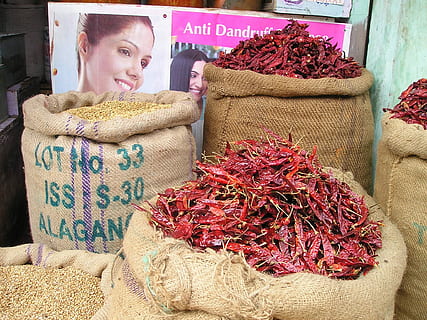 Xile, chile, agut, calenta, Índia, mercat, verdures, fruita, només adults, adult, una persona, venda al detall, tirada al cap, sac, menjar i beguda, menjar, negocis, frescor, gran grup d'objectes, a l'interior, Paradeta, abundància, a la venda, persones reals, espècia, vermell, elecció, negoci petit, dones, visualització al detall, 1080P, CC0, domini públic, lliure de regalies