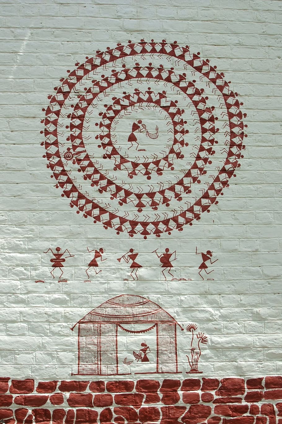 warli, dibuix, pune, paret, etno, motiu, arquitectura, funció de construcció de parets, símbol, patró, maó, fons, cap gent, a l'interior, dia, art i artesania, creativitat, forma, cercle, disseny, forma geomètrica, nombre, estructura construïda, comunicació, vermell, primer pla, artesania, dibuix - producte artístic, representació, motiu floral, 1080P