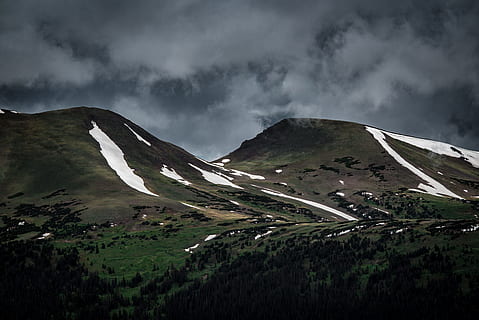 mountains during daytime, green, white, brown, mountain, cloudy, sky, landscape photography, mountains, white clouds, cloud, overcast, snow, nature, landscape, scenics, cloud - Sky, outdoors, mountain Range, mountain Peak, hill, road, scenics - nature, environment, beauty in nature, no people, non-urban scene, tranquil scene, tranquility, land, grass, travel, day, water, 5K, CC0, public domain, royalty free