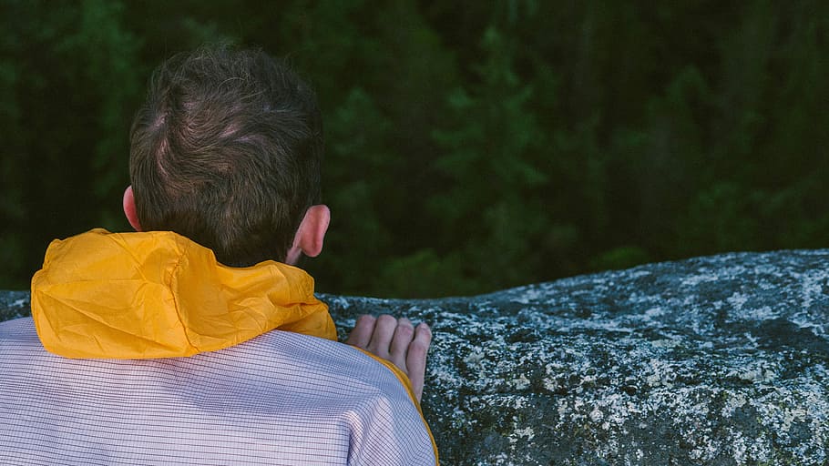 mand, leder, Skov, tæt på, Foto, person, hælder, grå, klippe, jakke, klint, regnjakke, vindjakke, kant, voksen, hår, natur, grøn, træ, flettet sten, en person, bagfra, herrer, barn, hanner, lempelse, barndom, afkom, hovedskud, portræt, drenge, udendørs, fritidsaktivitet, jord, depression - sorg, teenager, 4K