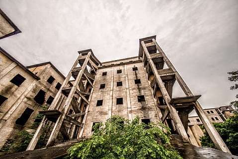 ruïnes, taller, gran angle, arquitectura, núvol - cel, exterior de l'edifici, estructura construïda, vista d’angle baix, cel, naturalesa, dia, planta, cap gent, edifici, història, el passat, a l'aire lliure, vell, arbre, abandonat, destinacions de viatge, antic, finestra, arruïnat, civilització antiga, 5K, CC0, domini públic, lliure de regalies