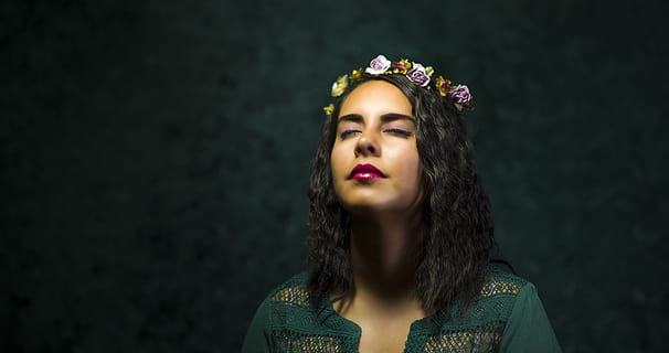 woman, teal, top, floral, tiara, closing, eyes, standing, black, background, flower, crown, green, split, neck, women, people, females, one Person, young Adult, adult, portrait, young Women, beauty, one Woman Only, headshot, only women, one young woman only, make-up, studio shot, beautiful woman, front view, lipstick, royalty, indoors, looking, looking away, close-up, black background, hairstyle, contemplation, 5K, CC0, public domain, royalty free