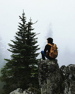 close, photo, man, sitting, rock, front, pine tree, close up, nature, hiking, outdoors, men, mountain, backpack, adventure, people, forest, adult, one Person, landscape, travel, rear View, winter, one man only, tree, plant, real people, sky, rock - object, solid, leisure activity, full length, lifestyles, holiday, cold temperature, beauty in nature, 2K, CC0, public domain, royalty free