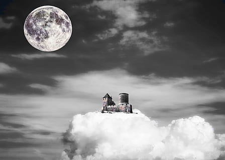 castle, cloud, moon, sky, fantasy, abstract, fairy tale, fairytale, full moon, fortress, travel, house, enchanted, enchanting, magical, psychedelic, high, stoned, architecture, space, imagination, creative, funny, mystical, castle on a cloud, cloud - sky, planet - space, space exploration, no people, outdoors, storm cloud, planet earth, nature, low angle view, astronomy, beauty in nature, night, scenics - nature, moon surface, transportation, tranquility, building exterior, planetary moon, digital composite, 2K, CC0, public domain, royalty free