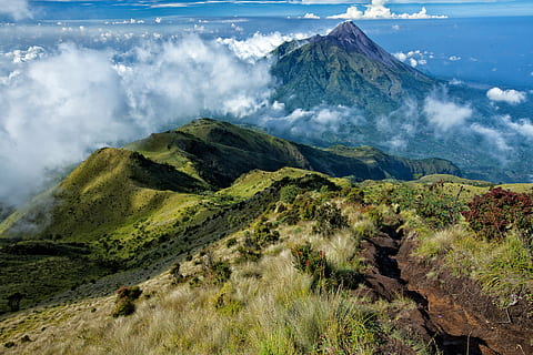 long, exposure photography, mountain, clouds, merapi, an active volcano, game bubble mountain views from, java island, indonesia, scenics - nature, beauty in nature, environment, cloud - sky, tranquil scene, sky, landscape, tranquility, plant, nature, day, non-urban scene, no people, land, mountain range, green color, idyllic, outdoors, mountain peak, 5K, CC0, public domain, royalty free