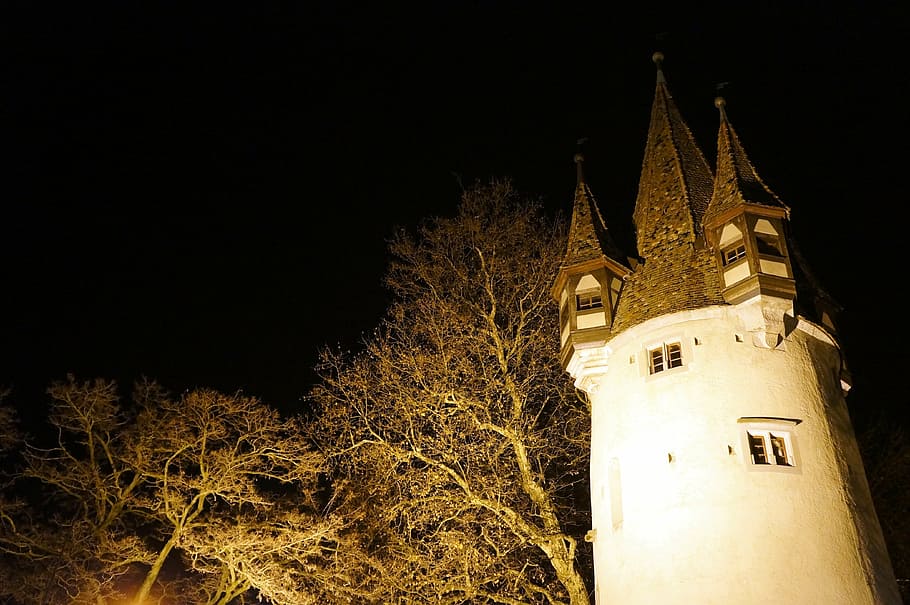 nit, arbre, edifici, torre, groc, hivern, fosc, místic, Conte de fades, arquitectura, castell, història, il·luminat, vista d’angle baix, planta, estructura construïda, cel, exterior de l'edifici, religió, creença, cap gent, lloc de culte, el passat, naturalesa, a l'aire lliure, fletxa, 4K