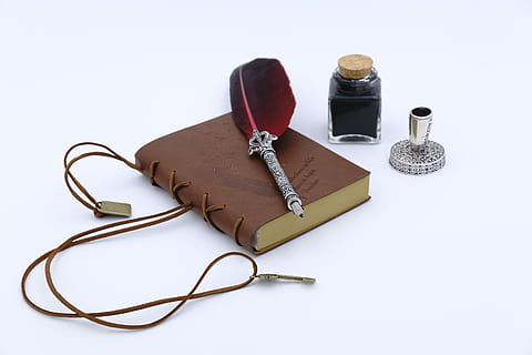 brown book, feather, leave, communicate, communication, book, diary, memoirs, history, memory, secret, letters, fountain pen, pen, writing implement, ink, inkwell, white background, studio shot, cut out, no people, indoors, fashion, jewelry, high angle view, technology, necklace, still life, telephone, personal accessory, connection, glasses, black color, white color, variation, food and drink, luxury, leather, 5K, CC0, public domain, royalty free