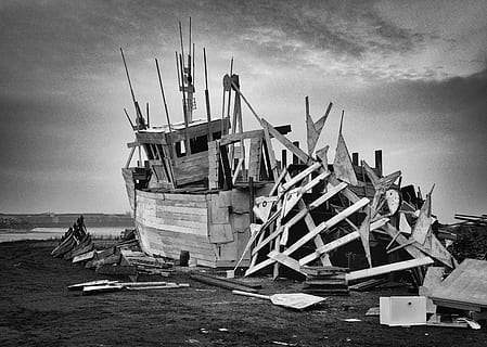 sea, sky, sand, water, black and white, boat, clouds, coast, harbor, marina, maritime, outdoors, seashore, shipwreck, transportation system, watercraft, woods, wreckage, public domain images, nautical vessel, transportation, mode of transportation, cloud - sky, nature, no people, beach, ship, sailboat, architecture, day, wood - material, land, pole, travel, fishing industry, 2K, CC0, public domain, royalty free