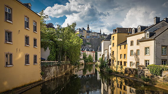 buildings, beside, river, white, blue, skies, Luxembourg, Basic, Old Town, Town, River, historically, city, historic old town, water, building, homes, building exterior, architecture, house, cloud - sky, reflection, canal, built structure, residential district, sky, nature, no people, tree, plant, waterfront, day, outdoors, 2K, CC0, public domain, royalty free