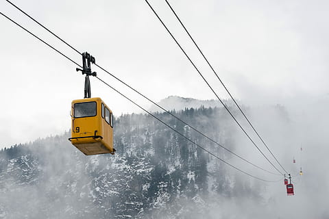 yellow, cable car, snow, covered, hill, cable, tree, woodland, forest, transportation, mode of transportation, overhead cable car, winter, nature, cold temperature, sky, travel, no people, fog, day, ski lift, journey, motion, outdoors, mountain, 2K, CC0, public domain, royalty free