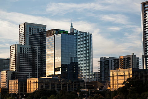 architectural, photo, high-rise, glass buildings, buildings, day, time, architecture, building, infrastructure, city, tower, skyscraper, clouds, sky, building exterior, no people, built structure, modern, cloud - sky, office building exterior, tall - high, nature, office, travel destinations, outdoors, low angle view, urban skyline, cityscape, financial district, spire, 5K