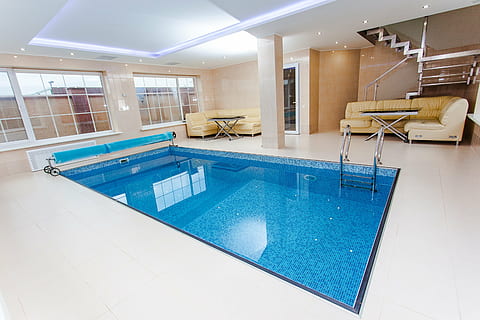white, concrete, pool, room, beside, brown, leather sofa, cottage, interior, luxury, swimming Pool, indoors, modern, blue, no People, lifestyles, design, flooring, comfortable, domestic Room, architecture, wealth, home, water, tile, absence, building, poolside, empty, tiled floor, hot tub, clean, 4K, CC0, public domain, royalty free