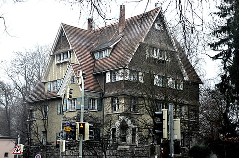 grå, Brun, hus, bar, træer, hjem, bygning, væg, vindue, facade, arkitektur, forlade, glemme, gamle bygning, gammelt hus, ensomt hus, gammel, heksens hus, ensom, gammelt vindue, by, historisk, antik, gamle huse, kold, vinter, uhyggelig, Trist, halloween, junction, stort hjem, mørk, skræmmende, dyster, bygning udvendig, træ, bygget struktur, plante, bare træ, dag, ingen mennesker, himmel, natur, lav vinkel visning, udendørs, kold temperatur, boligområde, 4K, CC0, offentligt domæne, royaltyfrie