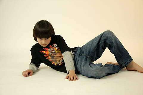 cute, guy, model, young, child, childhood, one person, full length, indoors, front view, sitting, males, boys, innocence, casual clothing, men, studio shot, hairstyle, leisure activity, portrait, bangs, 4K, CC0, public domain, royalty free