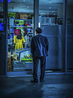 man, standing, outside, store, people, old, elderly, grocery, convenience, men, two people, rear view, real people, full length, night, illuminated, casual clothing, technology, business, adult, connection, indoors, women, leisure activity, city, architecture, communication, 4K, CC0, public domain, royalty free