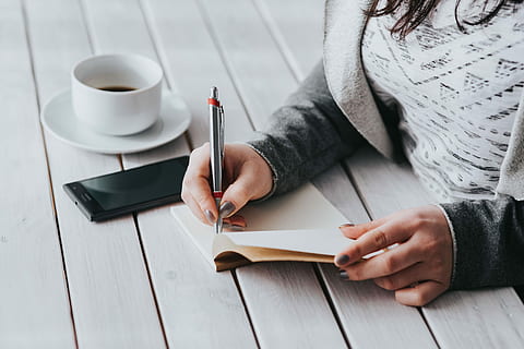table, items, Coffee, morning, pot, tablet, book, women, people, writing, education, one Person, females, coffee - Drink, cup, adult, lifestyles, caucasian Ethnicity, human Hand, adults only, creativity, human body part, one woman only, real people, midsection, pen, holding, hand, indoors, publication, wood - material, paper, high angle view, wireless technology, 5K