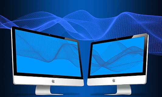 dva stříbrné imac, technologie, Internet, obrazovka, Zobrazit, počítač, podnikání, monitor, sdělení, počítačové vybavení, modrý, počítačový monitor, spojení, bezdrátové technologie, studio shot, nikdo, displej z tekutých krystalů, stolní PC, digitální tablet, pohyb, televizní sada, počítačová síť, čelní pohled, moderní, plochá obrazovka, globální komunikace, prázdný, 4K, CC0, veřejná doména, bez autorských práv