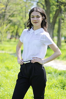 Students, Study, olimpiadnye, three quarter length, child, girls, standing, grass, children only, one person, looking at camera, real people, portrait, land, focus on foreground, smiling, lifestyles, field, day, front view, leisure activity, plant, women, nature, hand on hip, hairstyle, outdoors, hand, beautiful woman, 5K, CC0, public domain, royalty free
