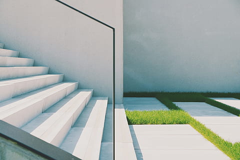 staircase, architectural, details, Minimal, architecture, building, modern, flooring, no People, empty, indoors, wall - Building Feature, concrete, blue, white, corridor, design, built Structure, steps and staircases, steps, day, railing, nature, absence, sunlight, high angle view, white color, pattern, shadow, swimming pool, 2K