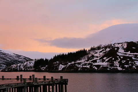 Sunset, Orange, Red, Blue, ever-changing, red, blue, reflection, amazing, beautiful, sea, fjord, snow, mountain, winter, travel, lauklines kystferie, kvaloya, kvaløysletta, norway, tromso, scandinavia, europe, sky, cold temperature, beauty in nature, scenics - nature, water, nature, cloud - sky, tranquility, tranquil scene, tree, plant, lake, no people, mountain range, environment, outdoors, snowcapped mountain, coniferous tree, pine tree, 2K, CC0, public domain, royalty free