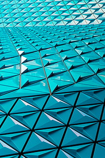 blue roofing, untitled, shape, blue, triangle, abstract, building, architecture, tile, shapess, line, texture, pattern, teal, neon, vibrant, cladding, full frame, backgrounds, built structure, low angle view, no people, design, ceiling, indoors, repetition, geometric shape, architectural feature, day, textured, modern, roof, 5K, CC0, public domain, royalty free
