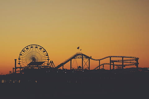 silueta împușcat, plimbari, siluetă, lovitură, loc faimos, ferris roată, apus de soare, pod - om construit, mare, cer, Rollercoaster, amurg, noapte, arhitectură, parc de distractii, arta culturii și divertismentului, parc de distracții, natură, culoare portocalie, construită, spațiu copie, cer senin, nici o persoana, în aer liber, călătorie, carnaval, destinații de călătorie, călătorie carnaval, fairground, 1080P, CC0, domeniu public, fără drepturi de autor