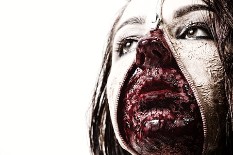 person in halloween horror makeup, Person, Halloween, horror, makeup, people, dog, animal, human Face, humor, canine, pets, spooky, human body part, human mouth, fear, celebration, blood, looking at camera, red, body part, close-up, emotion, copy space, portrait, evil, men, surprise, make-up, human blood, aggression, 4K