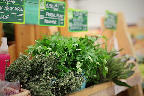 herbes, bio, botiga, menjar, herba, frescor, menjar i beguda, color verd, alimentació saludable, benestar, enfocament selectiu, venda al detall, planta, julivert, mercat, vegetals, negocis, a l'interior, negoci petit, cap gent, primer pla, estil de vida saludable, full, 5K, CC0, domini públic, lliure de regalies